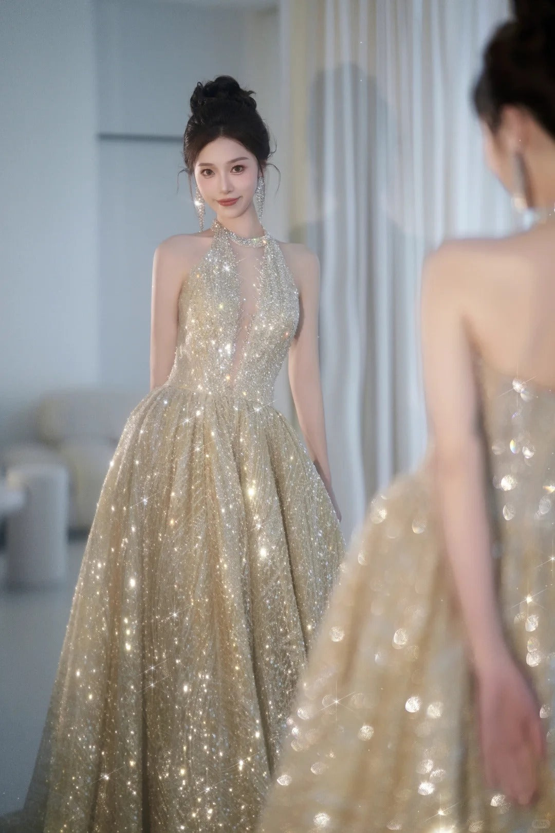 Glitter Elephant V-neck A-Line Tulle Sequins Beaded Long Prom Dresses Formal Evening Gowns ED03122