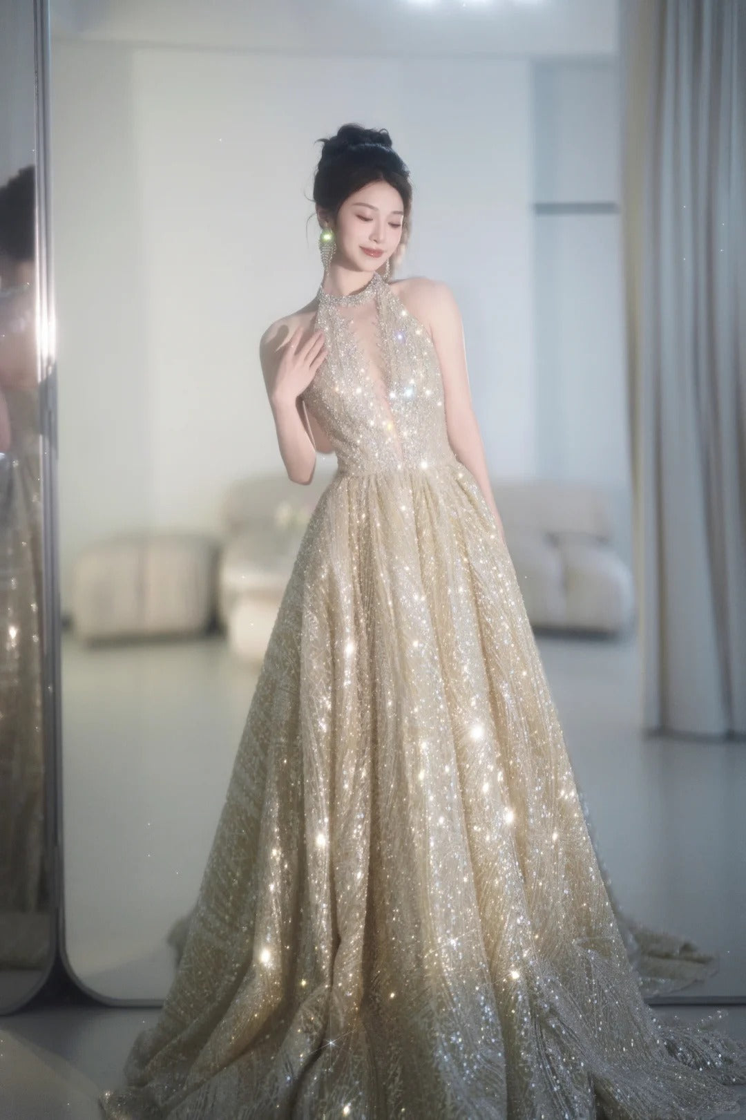 Glitter Elephant V-neck A-Line Tulle Sequins Beaded Long Prom Dresses Formal Evening Gowns ED03122