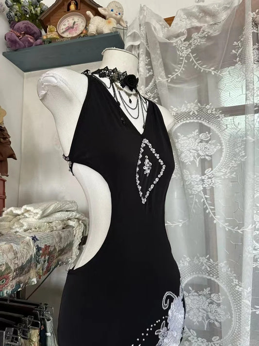Glamour Black V-neck Mermaid Evening Gowns Beaded Chiffon Open Back Long Prom Dresses ED03136