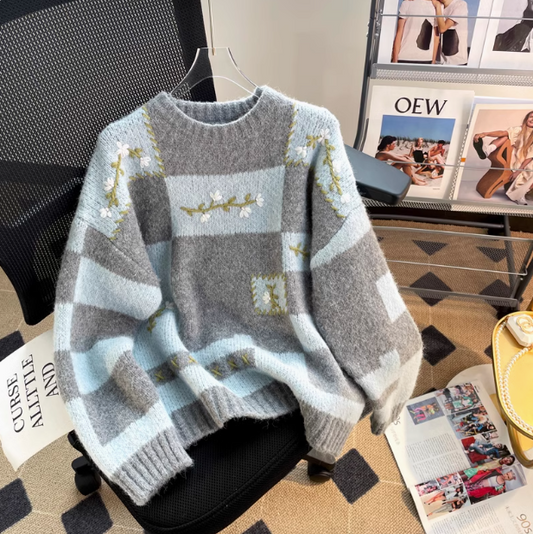 Japanese retro color matching embroidered long sleeve sweater ED0313