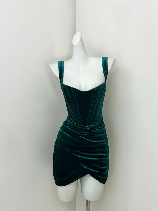 Retro Green Spaghetti Straps Bodycon Velvet Short Prom Dresses Elegant Homecoming Dress ED03143