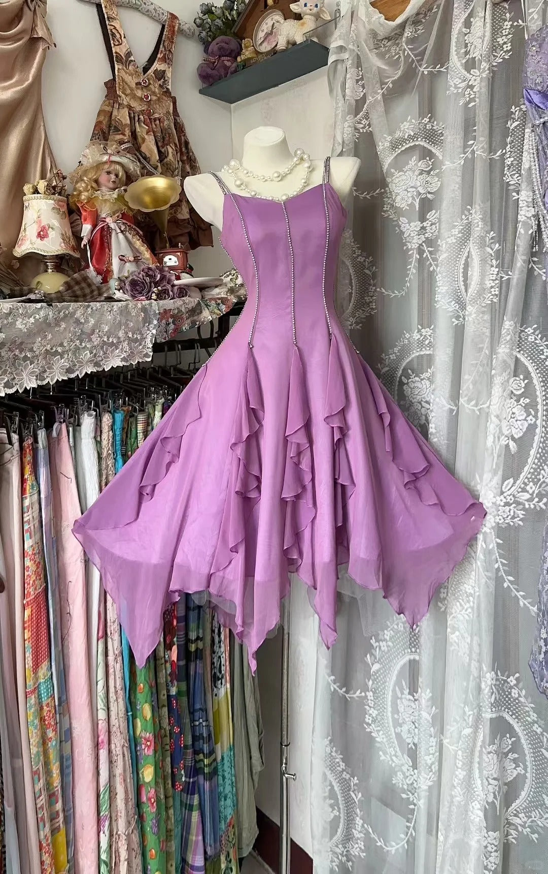 Fairytale Purple Spaghetti Straps A-Line Chiffon Ruffle Short Prom Dresses Sweet 16 Dress with Beading ED03146