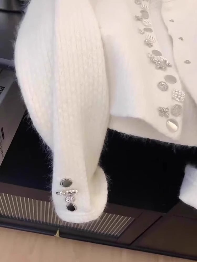 Chanel style white raccoon fleece round neck cardigan ED0314