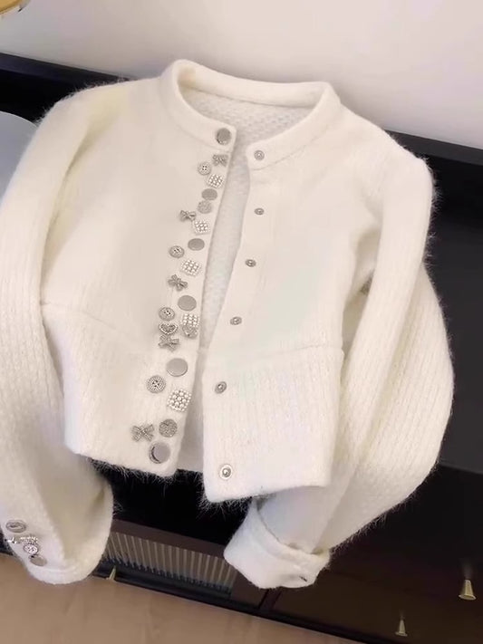 Chanel style white raccoon fleece round neck cardigan ED0314