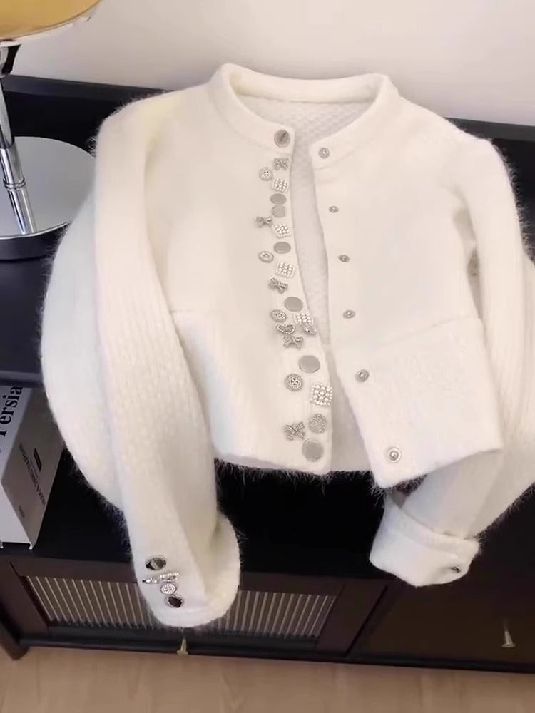Chanel style white raccoon fleece round neck cardigan ED0314