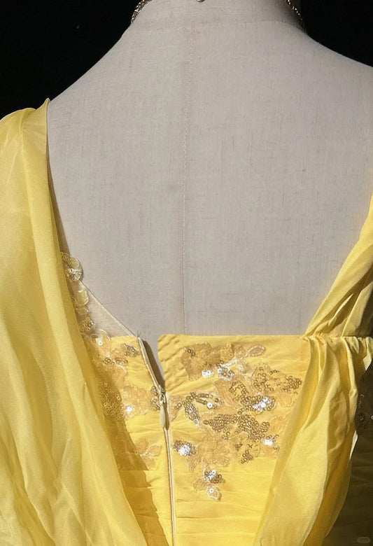 Glamour Yellow Spaghetti Straps Sheath Tulle Long Prom Dresses Formal Evening Gowns ED03161