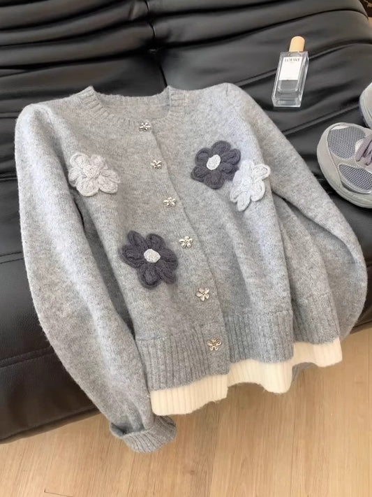 Grey Knitted long sleeve Cardigan with Handmade Flowers ED0316