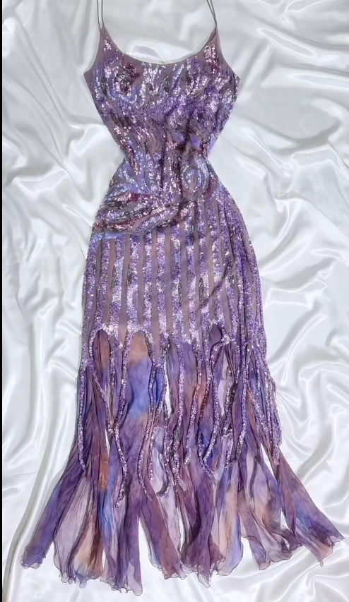 Retro Purple Spaghetti Straps Sheath Sequin Chiffon Long Stunning Prom Dresses with Tassels & Beading ED03170