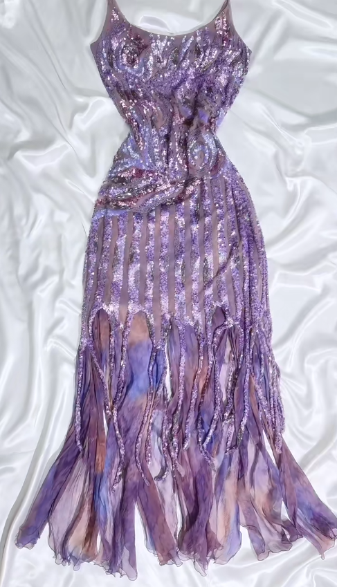 Retro Purple Spaghetti Straps Sheath Sequin Chiffon Long Stunning Prom Dresses with Tassels & Beading ED03170