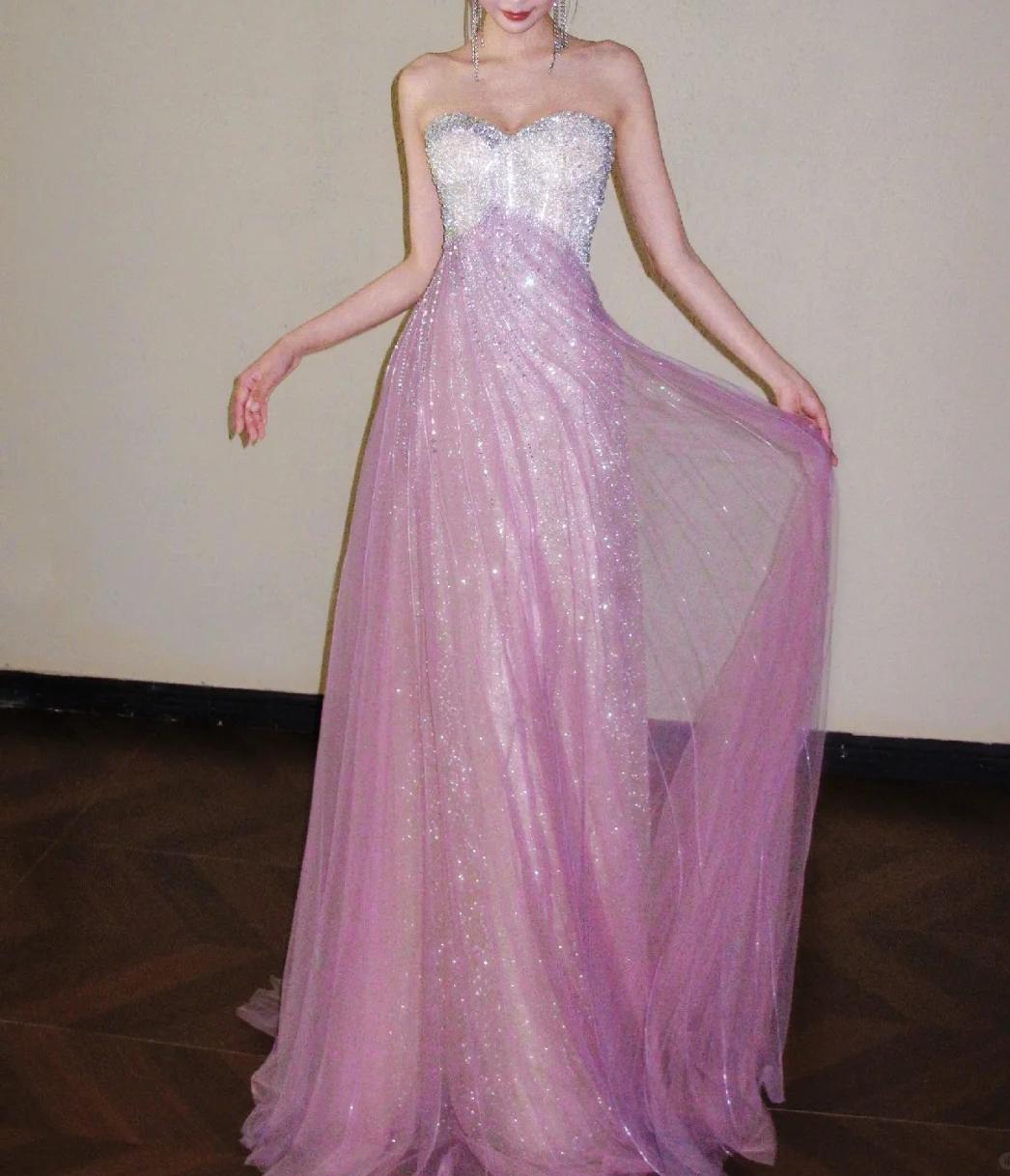 Sweet Pink Sweetheart A-Line Tulle Sequins Long Prom Dresses Elegant Formal Evening Gowns ED03190