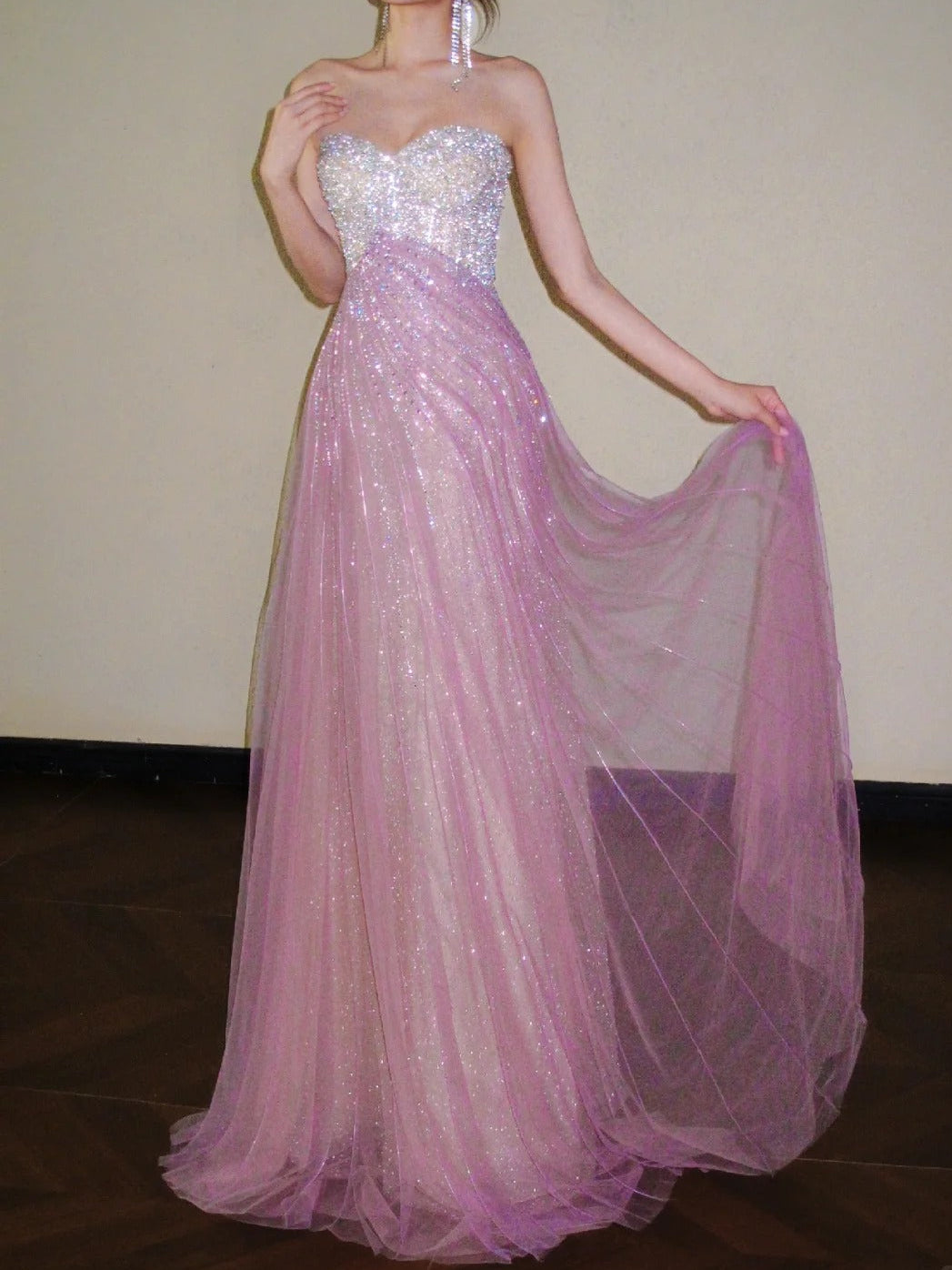 Sweet Pink Sweetheart A-Line Tulle Sequins Long Prom Dresses Elegant Formal Evening Gowns ED03190