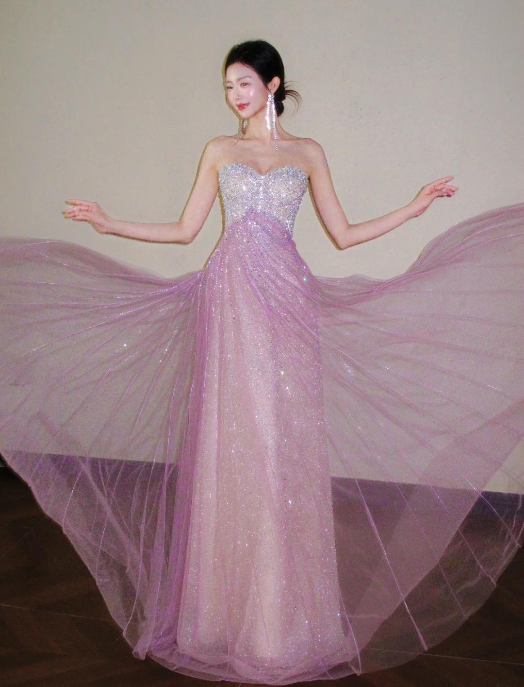 Sweet Pink Sweetheart A-Line Tulle Sequins Long Prom Dresses Elegant Formal Evening Gowns ED03190