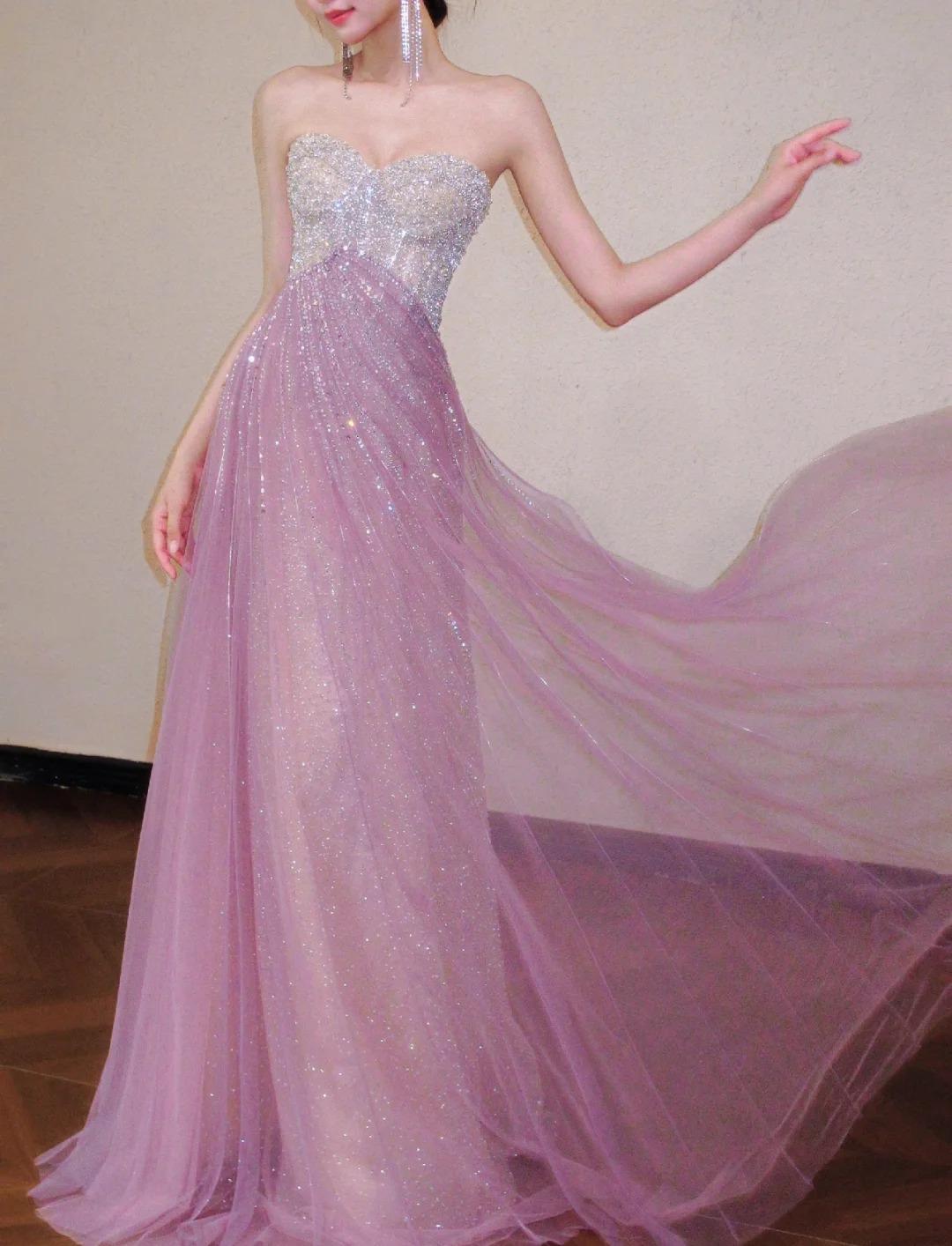 Sweet Pink Sweetheart A-Line Tulle Sequins Long Prom Dresses Elegant Formal Evening Gowns ED03190
