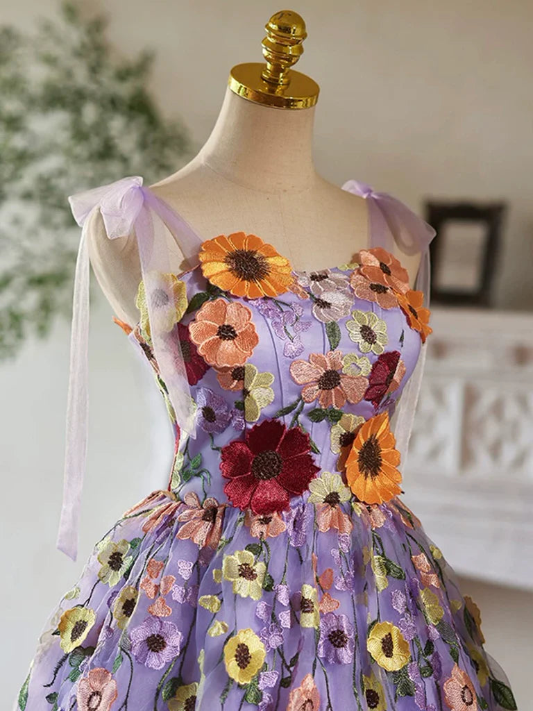 Robe de bal courte en tulle violet et dentelle, robe de soirée violette ED032