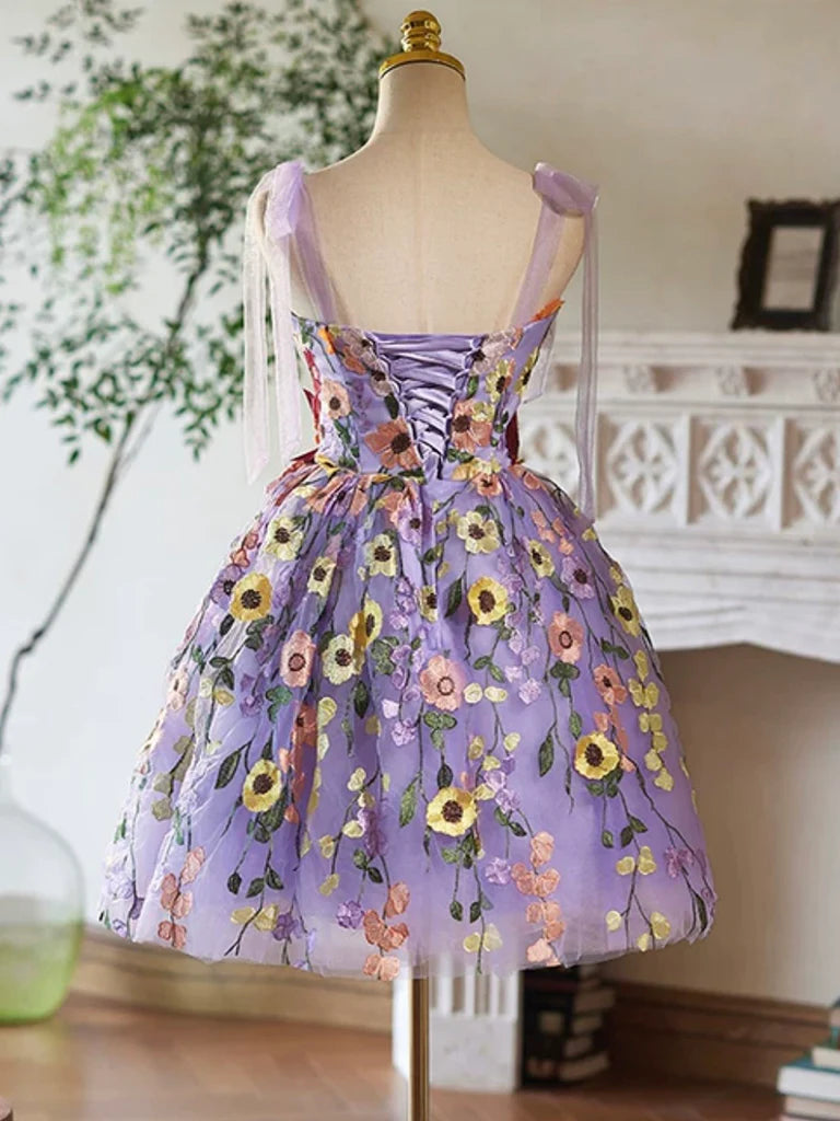 Robe de bal courte en tulle violet et dentelle, robe de soirée violette ED032