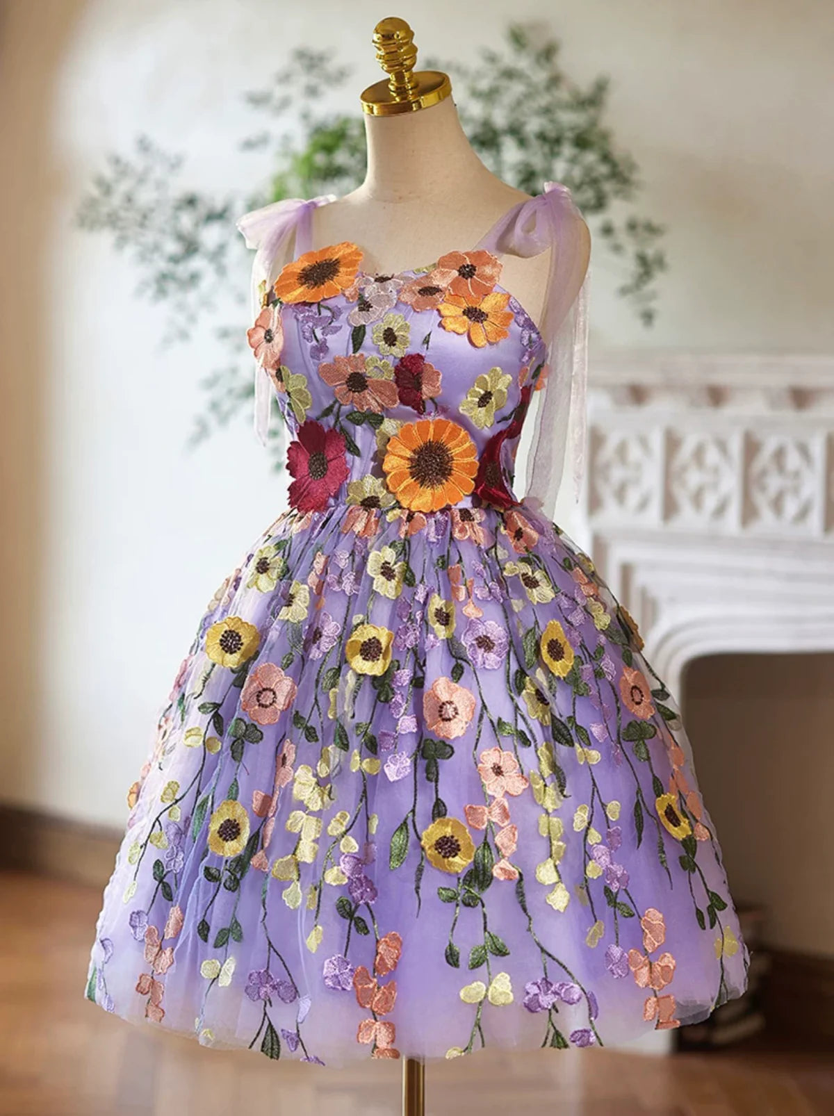 Robe de bal courte en tulle violet et dentelle, robe de soirée violette ED032