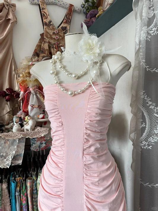 Sweet Pink Strapless Sheath Chiffon Prom Dresses, Pleated Evening Gowns ED03216