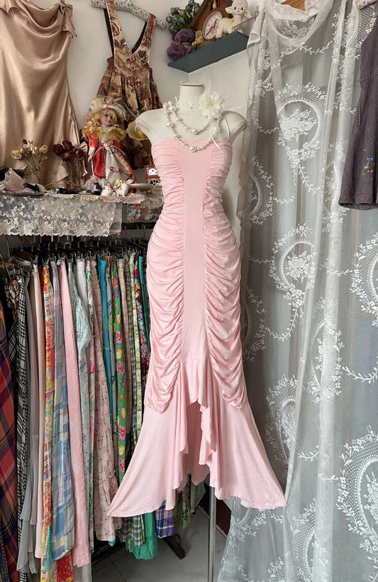 Sweet Pink Strapless Sheath Chiffon Prom Dresses, Pleated Evening Gowns ED03216
