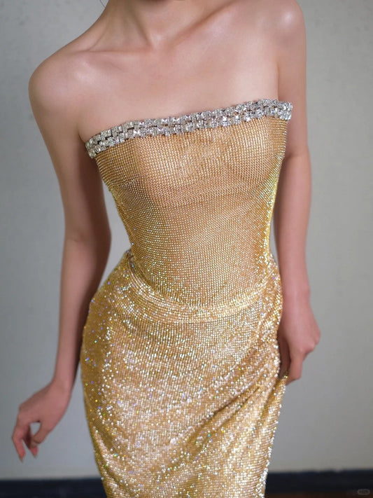 Gorgeous Gold Sheath Lace Sequin Long Prom Dresses, Fashion Strapless Formal Evening Gowns ED03216