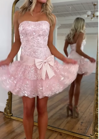 Gorgeous Pink Strapless Sheath Tulle Sequin Short Prom Dresses Sweet Homecoming Dress ED03233