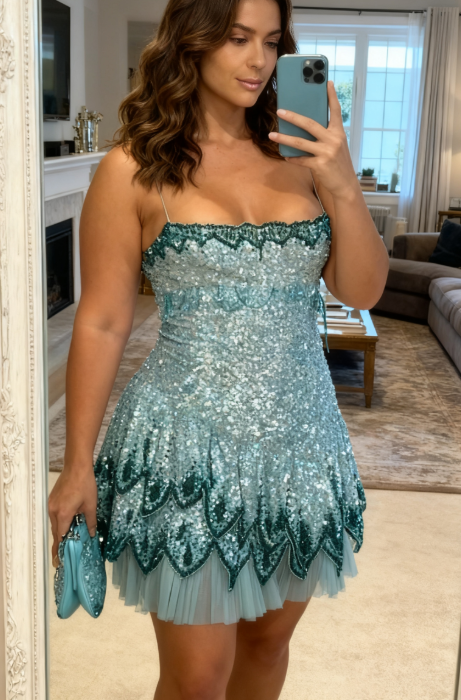 Gorgeous Blue Spaghetti Straps Sheath Sequins Short Evening Dress Party Dress ED03241
