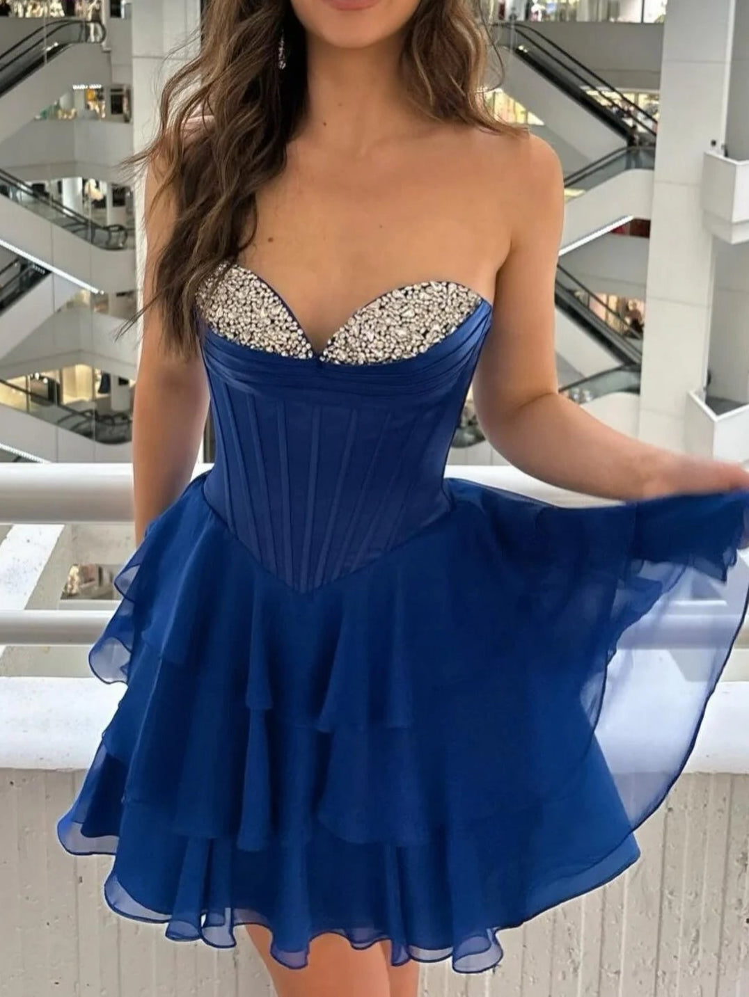 Gorgeous Blue Strapless A-Line Chiffon Short Homecoming Dress with Sequins ED03243