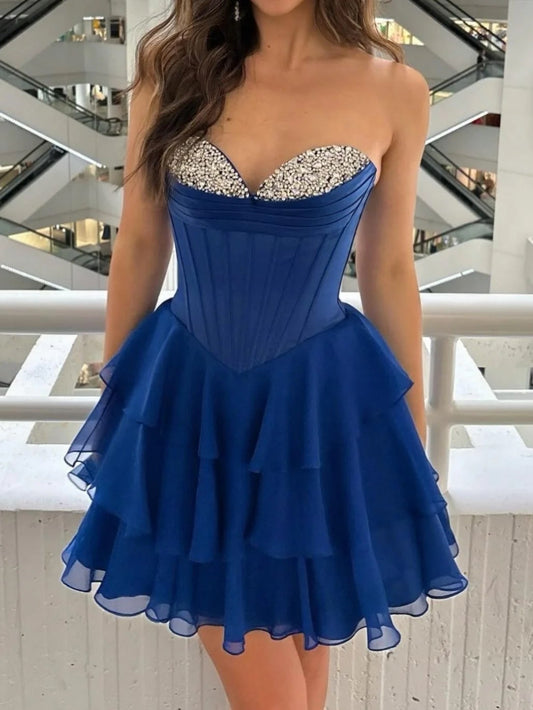 Gorgeous Blue Strapless A-Line Chiffon Short Homecoming Dress with Sequins ED03243