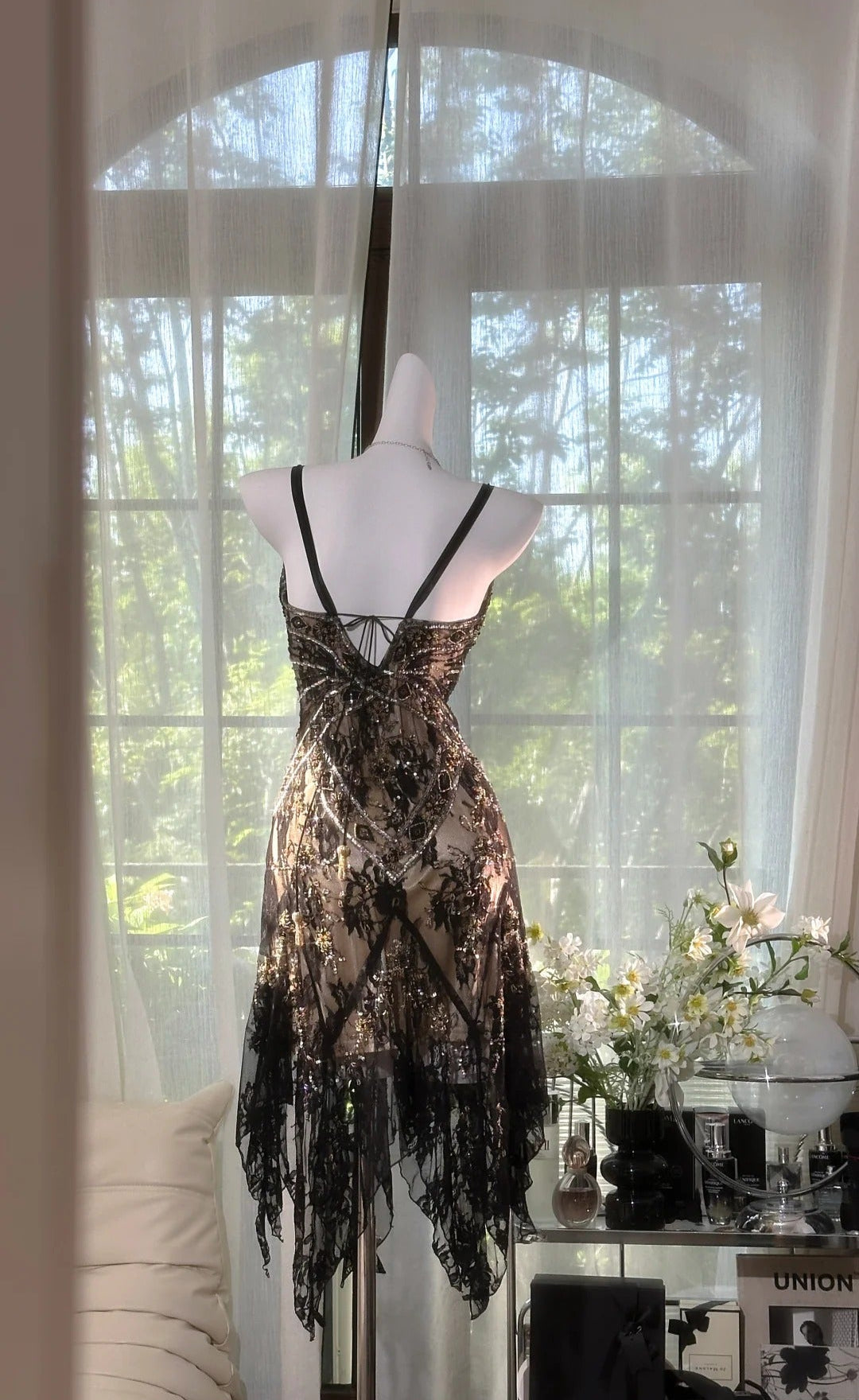 Gorgeous Black Spaghetti Straps A-Line Lace Beaded Short Prom Dresses Vintage Evening Dresses ED03248