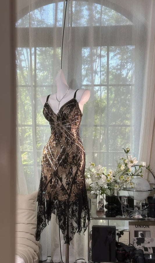 Gorgeous Black Spaghetti Straps A-Line Lace Beaded Short Prom Dresses Vintage Evening Dresses ED03248