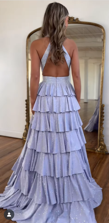 Fashion Silver Halter A-Line Satin Layered Sequins Long Prom Dresses Formal Evening Gowns with Slits ED03254