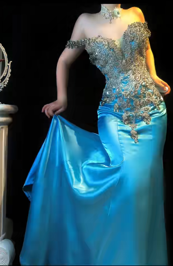 Stunning Blue Off Shoulder Mermaid Beaded Satin Long Prom Dresses Formal Evening Gowns ED03256