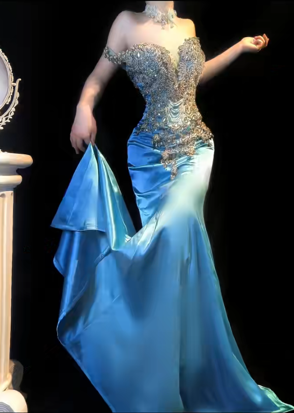 Stunning Blue Off Shoulder Mermaid Beaded Satin Long Prom Dresses Formal Evening Gowns ED03256