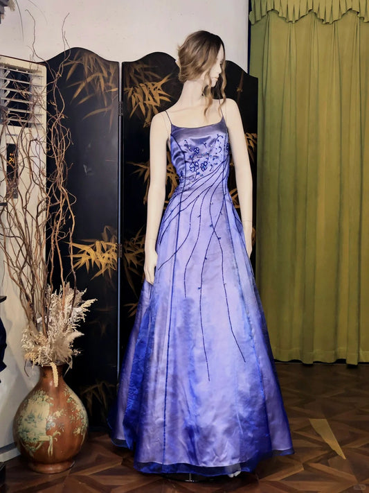 A-Line Spaghetti Straps Purple Satin Long Prom Dresses Vintage Evening Dresses with Beading ED03259