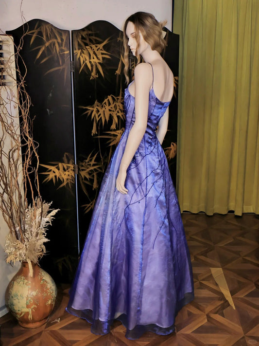 A-Line Spaghetti Straps Purple Satin Long Prom Dresses Vintage Evening Dresses with Beading ED03259