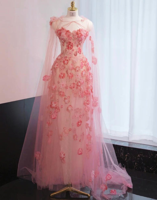 Sweetheart Neck Sheath Tulle Applique Long Prom Dresses Sweet Pink Birthday Dresses ED03262