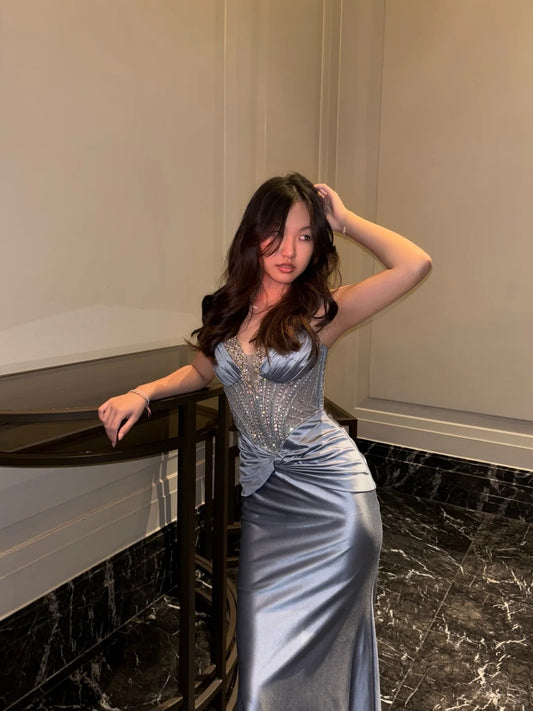 Glam Grey Blue Spaghetti Strap Sheath Satin Long Evening Gonws ED03275