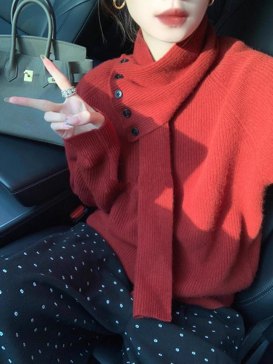 Korean style lazy style knitted pullover sweater with detachable scarf ED0327