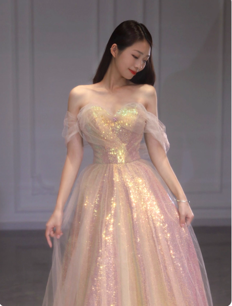 Gorgeous Sweetheart Neck A-Line Tulle Sequin Long Prom Dresses, Sweet 16 Dress ED03287