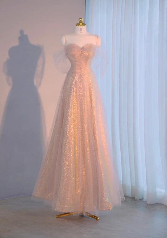 Gorgeous Sweetheart Neck A-Line Tulle Sequin Long Prom Dresses, Sweet 16 Dress ED03287