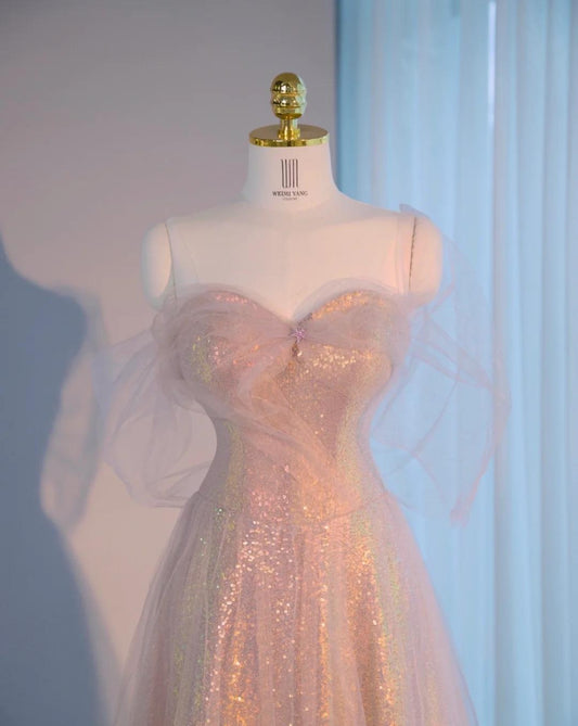 Gorgeous Sweetheart Neck A-Line Tulle Sequin Long Prom Dresses, Sweet 16 Dress ED03287