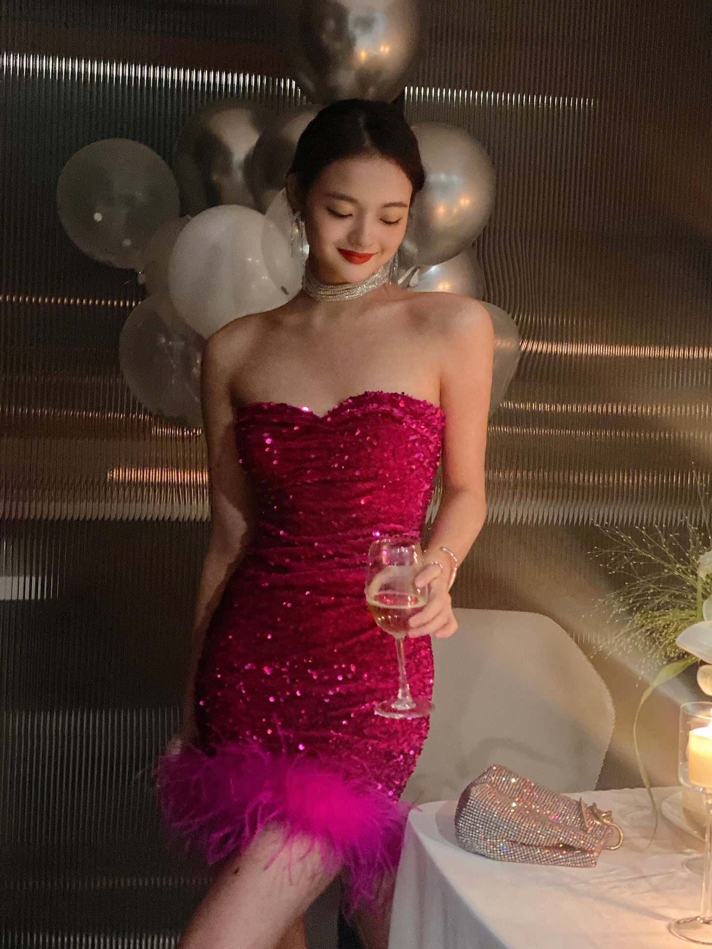 Elegant Strapless Bodycon Sequin Short Evening Gown, Sparkling Rose Red Homecoming Dress ED03307