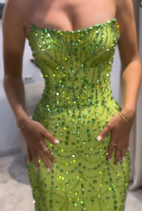 Elegant Green Sheath Strapless Satin Long Prom Dresses, Rhinestone Formal Evening Dresses ED03313