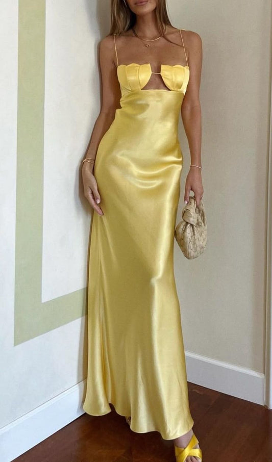 Classic Yellow Spaghetti Straps A-Line Satin Long Prom Dresses, Elegant Evening Gowns ED03319