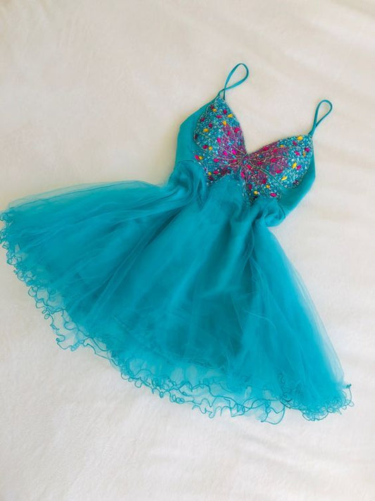Blue Spaghetti Strap A-Line Tulle Beading Short Prom Dresses Sweet Homecoming Dress ED03323