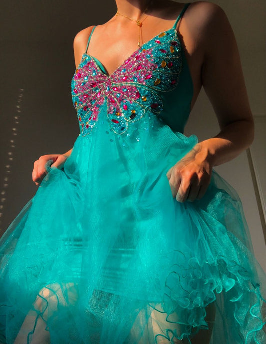 Blue Spaghetti Strap A-Line Tulle Beading Short Prom Dresses Sweet Homecoming Dress ED03323