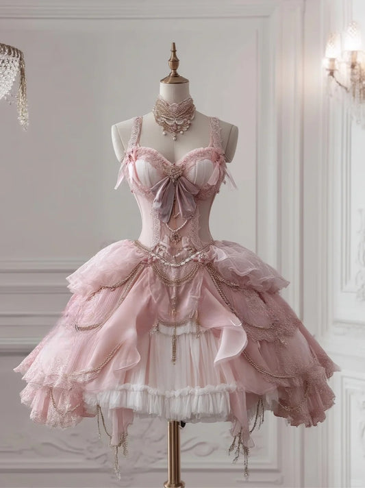 Sweet Pink Strap Lolita Short Lace Tulle Prom Dresses ED03325