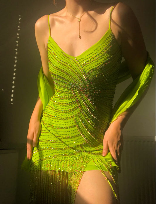 Gorgeous Spaghetti Strap Bodycon Beaded Chiffon Short Prom Dresses, Lemon Green Party Dress ED03328