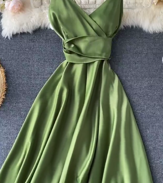 V-neck Green Formal Dresses Backless High Waist Party Dresses ED0333