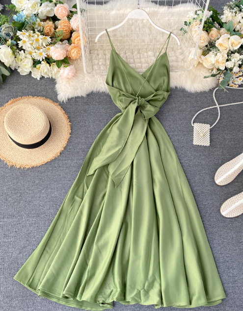 V-neck Green Formal Dresses Backless High Waist Party Dresses ED0333
