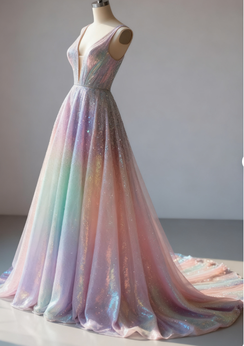 Glamour Colorful V-neck A-Line Quinceañera Dress Glitter Tulle Long Prom Dresses, Sweet 16th Birthday Dress ED03340